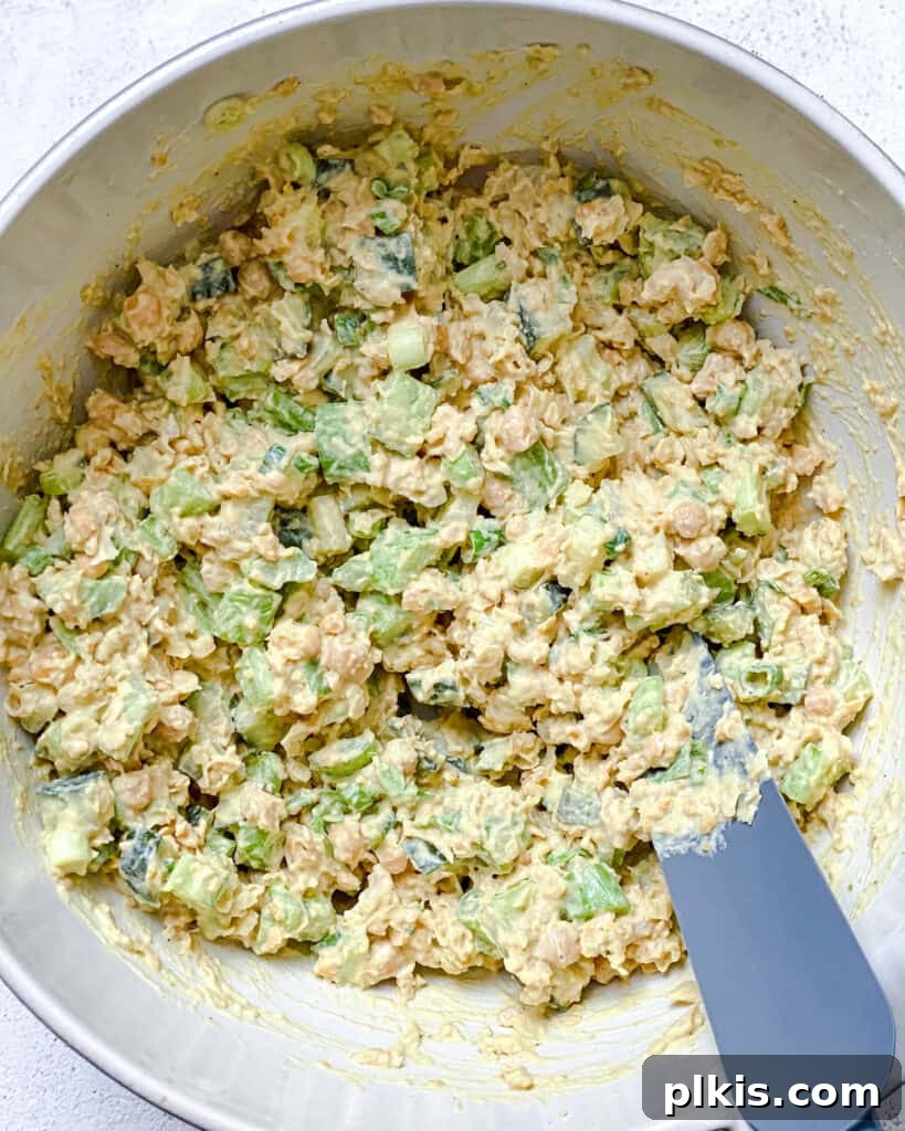Chickpea of the Sea Salad 7 Process shot of the fully mixed vegan chickpea tuna salad in a bowl.