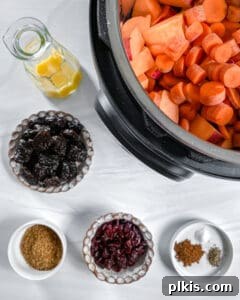 All Tzimmes ingredients, including dried fruits and spices, measured and ready to be added to the pressure cooker