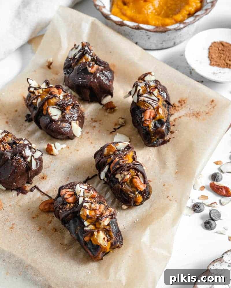 Spiced Pumpkin Date Delights 2 Six finished Pumpkin Stuffed Dates arranged on parchment paper, showcasing their chocolate coating and nut topping.