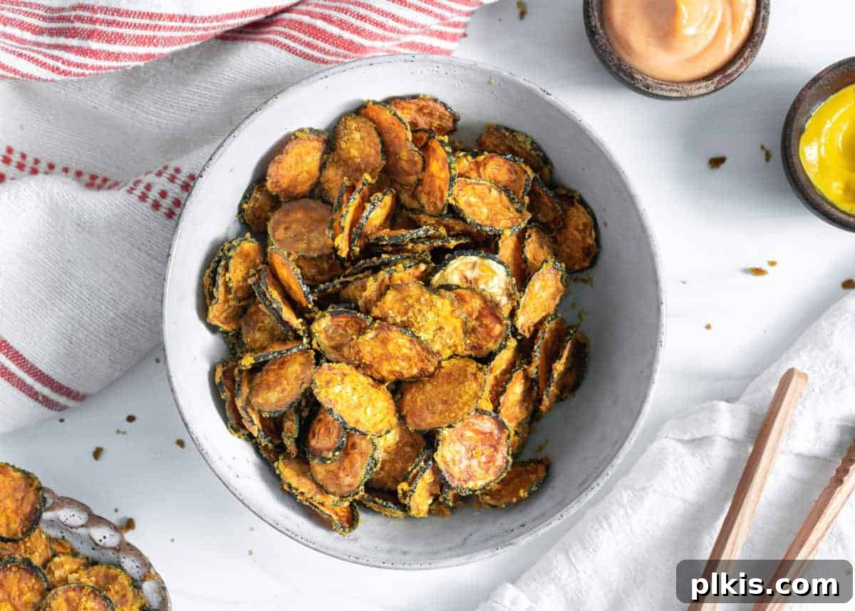 Crispy Vegan Cheesy Zucchini Bites 2 Deliciously cooked cheesy zucchini chips served in a white bowl against a pristine white background, ready for snacking