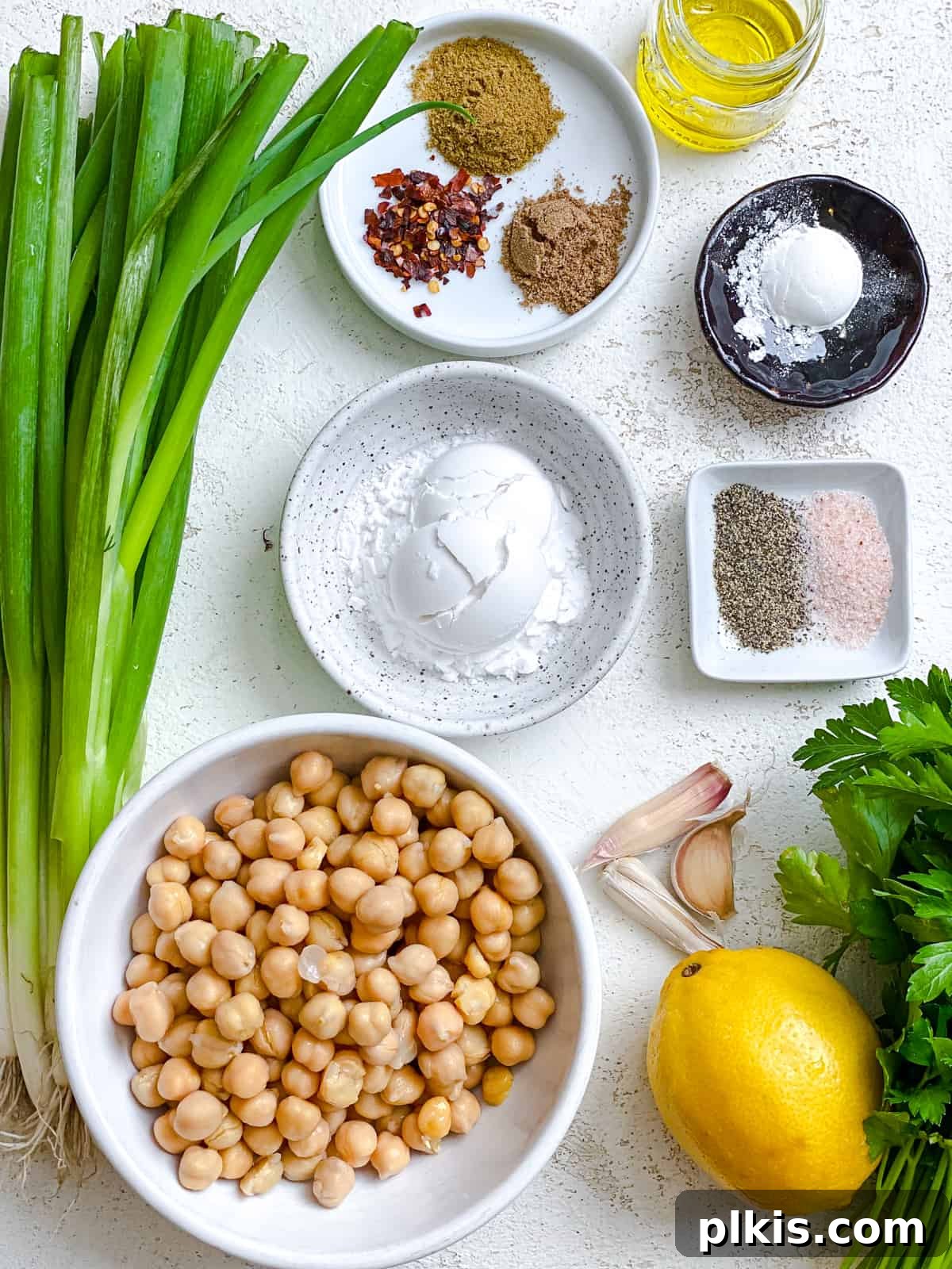 Crispy Healthy Falafel Baked or Air Fried 3 ingredients for Healthy Baked Falafel measured out against a white background