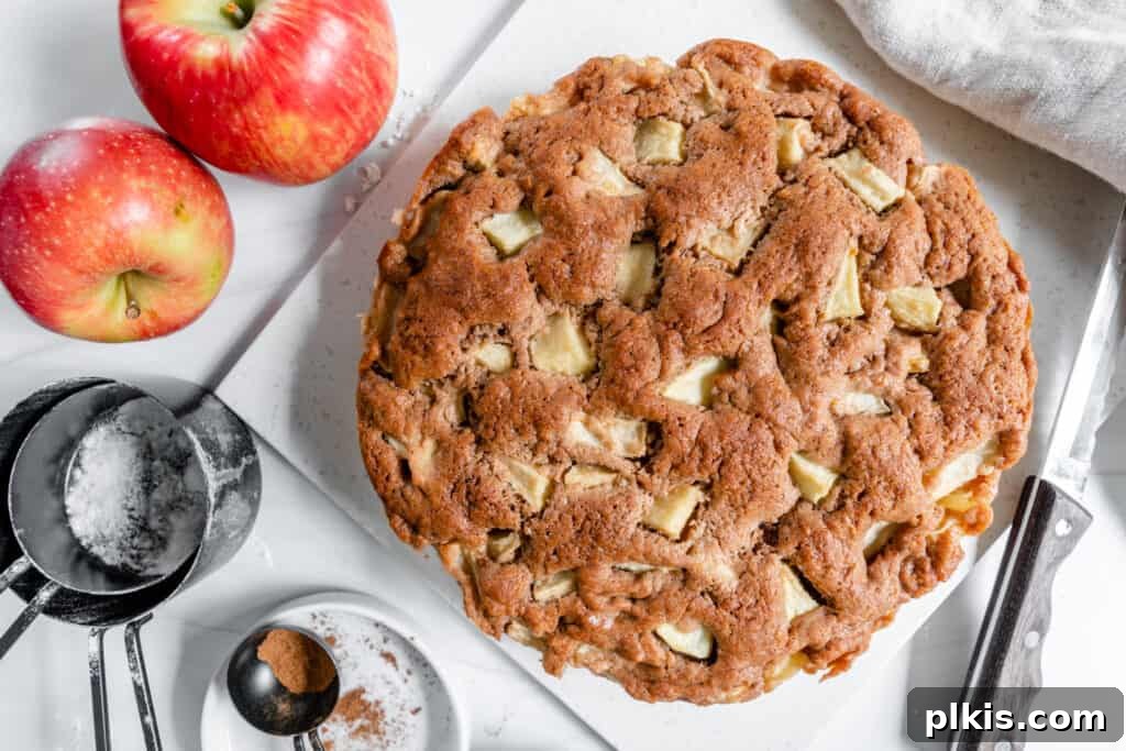 20 Delicious Vegan Autumn Desserts 16 finished apple cake with two apples and measuring tools against a white background
