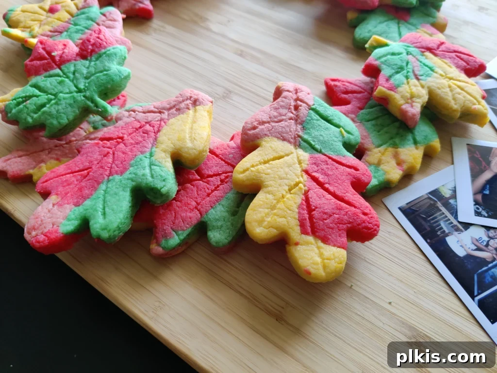 20 Delicious Vegan Autumn Desserts 20 completed fall leaf sugar cookies spread out in a circle on a wooden surface