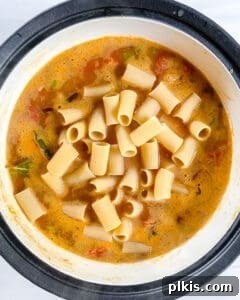 Hearty Vegan Minestrone 6 Third step in cooking Vegan Minestrone Soup: adding pasta noodles directly to the simmering vegetable and bean broth in the pot.