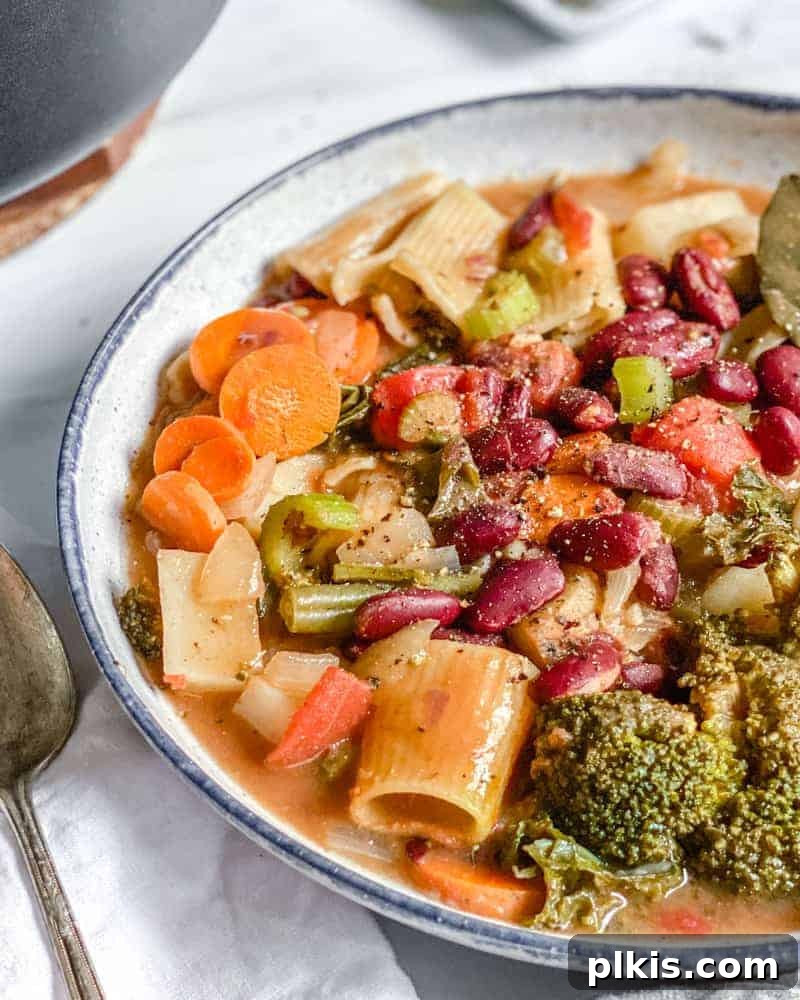 Hearty Vegan Minestrone 9 A white bowl brimming with Vegan Minestrone Soup, perfectly portioned and ready to be savored, highlighting its vibrant colors and inviting texture.