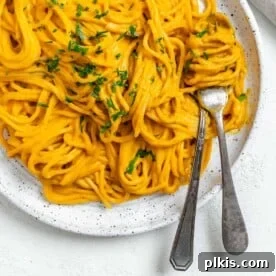 completed Sweet Potato Pasta Sauce with Spaghetti plated against a white surface