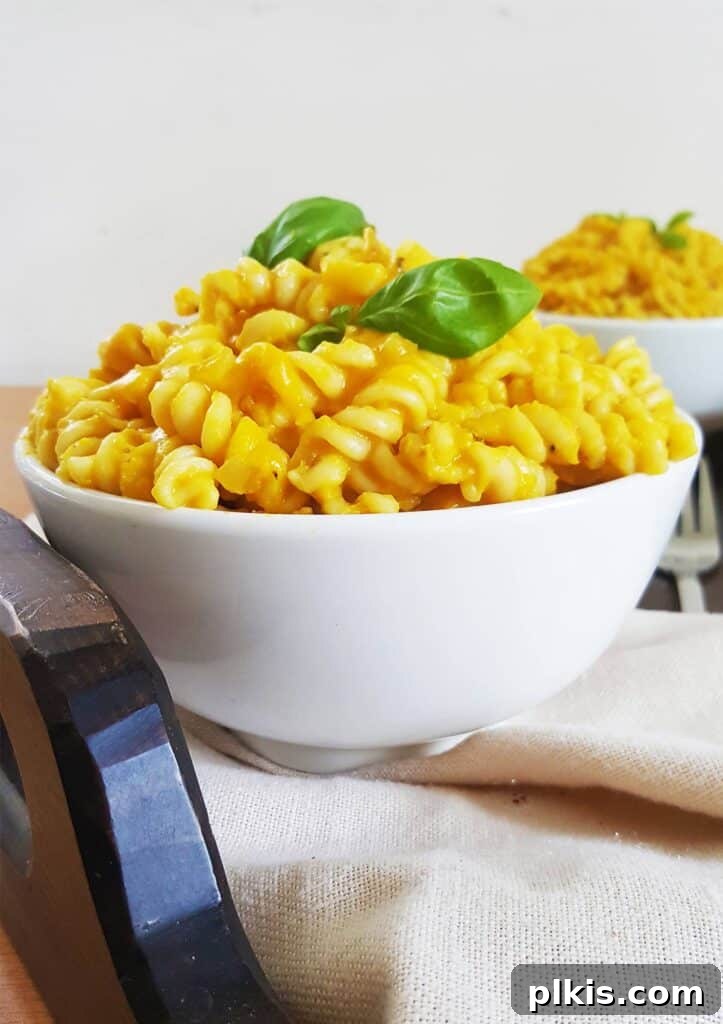 20 Effortless Plant-Based Pasta Dishes for Delicious Dinners 37 finished vegan pumpkin pasta in a white bowl