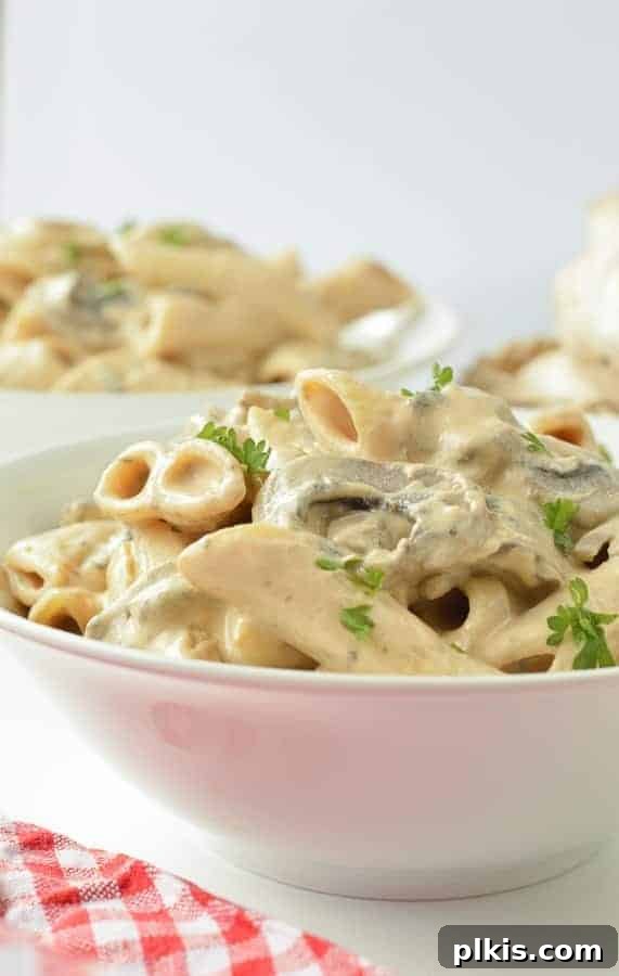 20 Effortless Plant-Based Pasta Dishes for Delicious Dinners 41 finished vegan mushroom pasta plated in a white bowl with another bowl in the background