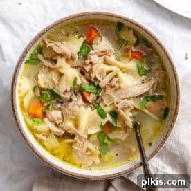 completed Vegan Jackfruit Chicken Noodle Soup in a bowl