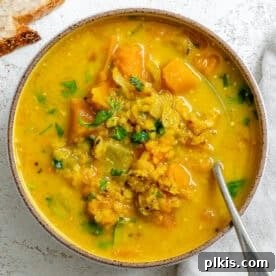 45 Mouthwatering Vegan Thanksgiving Recipes 12 Completed Butternut Squash and Lentil Soup in a serving bowl.