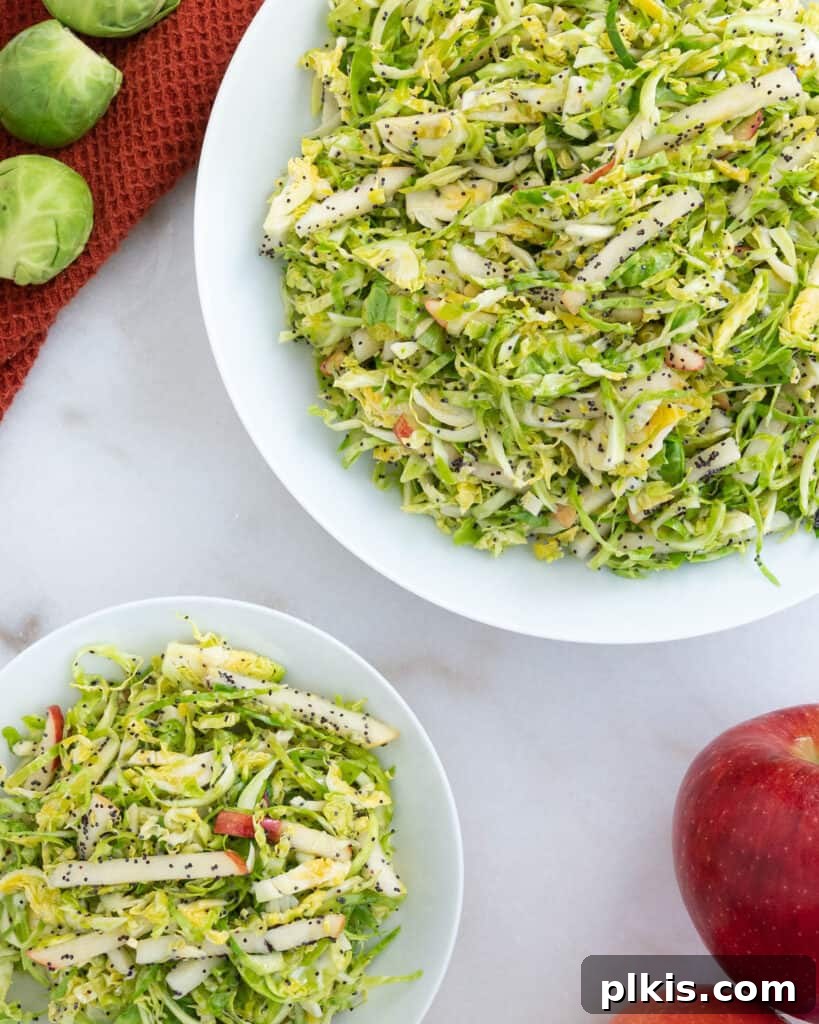 45 Mouthwatering Vegan Thanksgiving Recipes 24 A bowl of finished Brussels sprouts slaw, with fresh Brussels sprouts visible in the background.