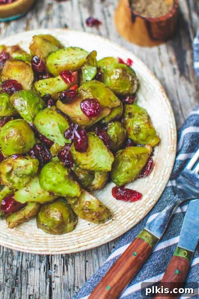 45 Mouthwatering Vegan Thanksgiving Recipes 26 Roasted Brussels Sprouts with cranberries served on a white plate against a dark gray wood background.
