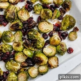 45 Mouthwatering Vegan Thanksgiving Recipes 27 Completed Roasted Brussels Sprouts with Cranberries on a white dish, ready to serve.