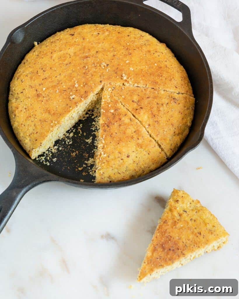 45 Mouthwatering Vegan Thanksgiving Recipes 32 A finished skillet cornbread with a slice removed, showcasing its fluffy texture.