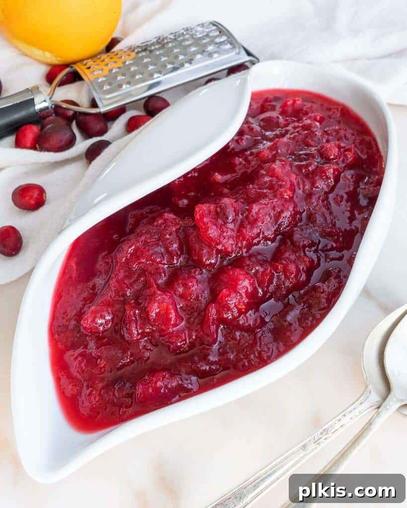 45 Mouthwatering Vegan Thanksgiving Recipes 42 A dish of completed cranberry sauce, with fresh cranberries scattered in the background.