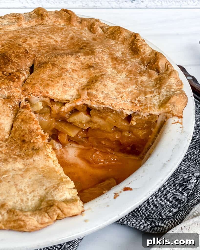 45 Mouthwatering Vegan Thanksgiving Recipes 71 A close-up of a finished vegan apple pie in a white pie tray, with a slice removed and ready to enjoy.