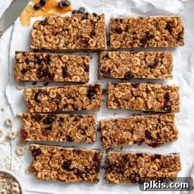 completed Peanut Butter Granola Bars on a white surface