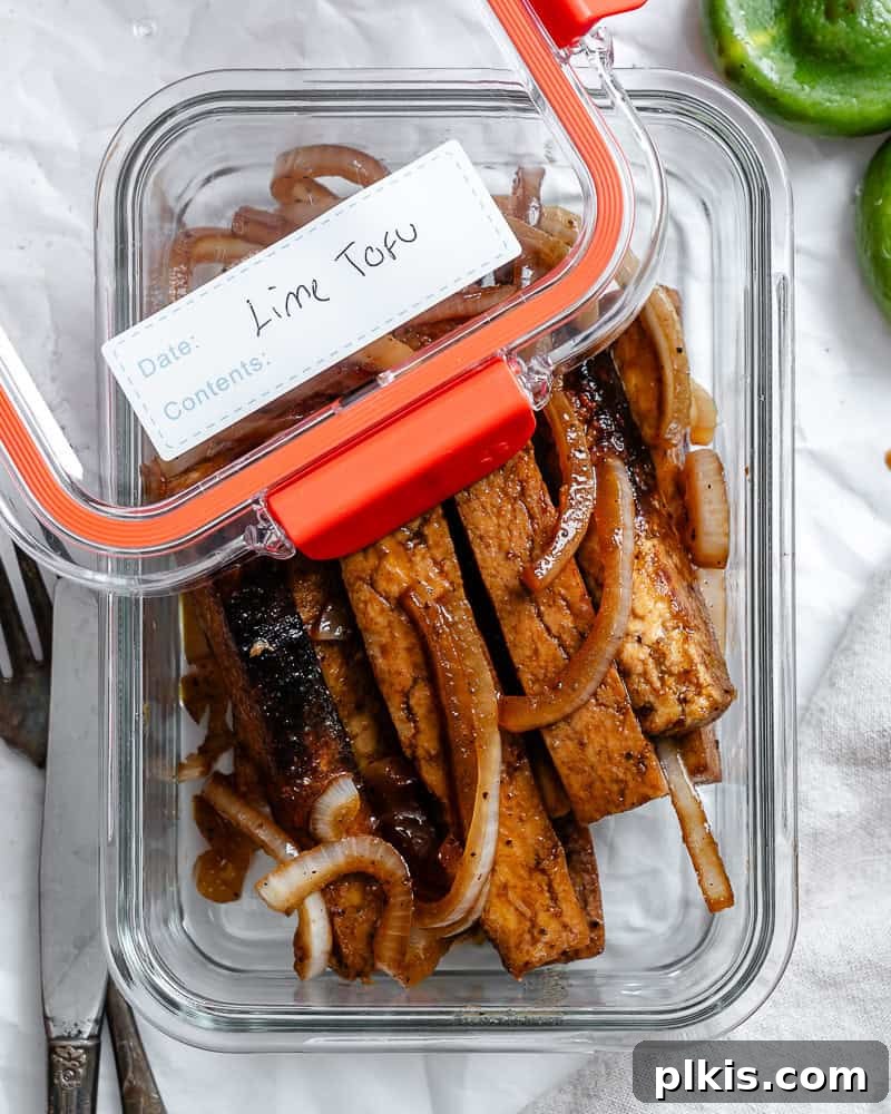 Zesty Lime Tofu Sauté 8 Completed Sautéed Lime Soy Tofu in a storage container.