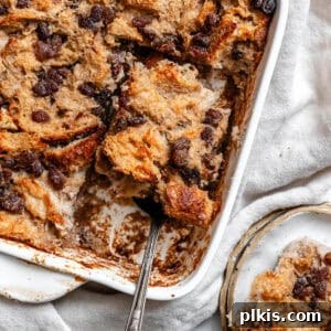 completed Vegan Bread Pudding in baking dish, presented enticingly