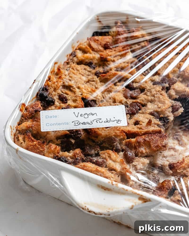 Decadent Vegan Bread Pudding 9 Portioned Vegan Bread Pudding stored in a glass airtight container in a refrigerator, clearly labeled.