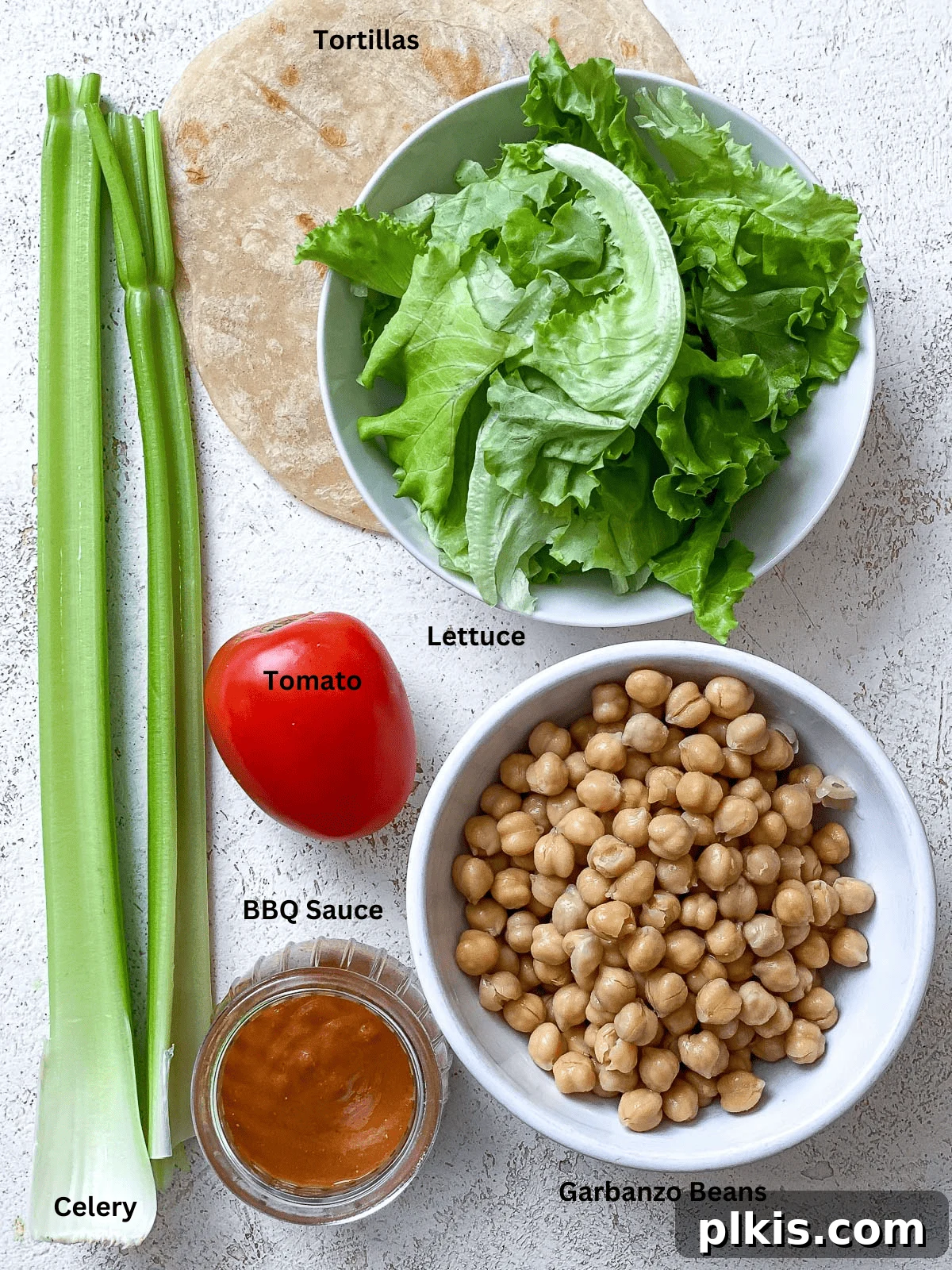 Tangy BBQ Chickpea Wraps 4 Prepared ingredients for BBQ Chickpea Wraps, showcasing their readiness for assembly.
