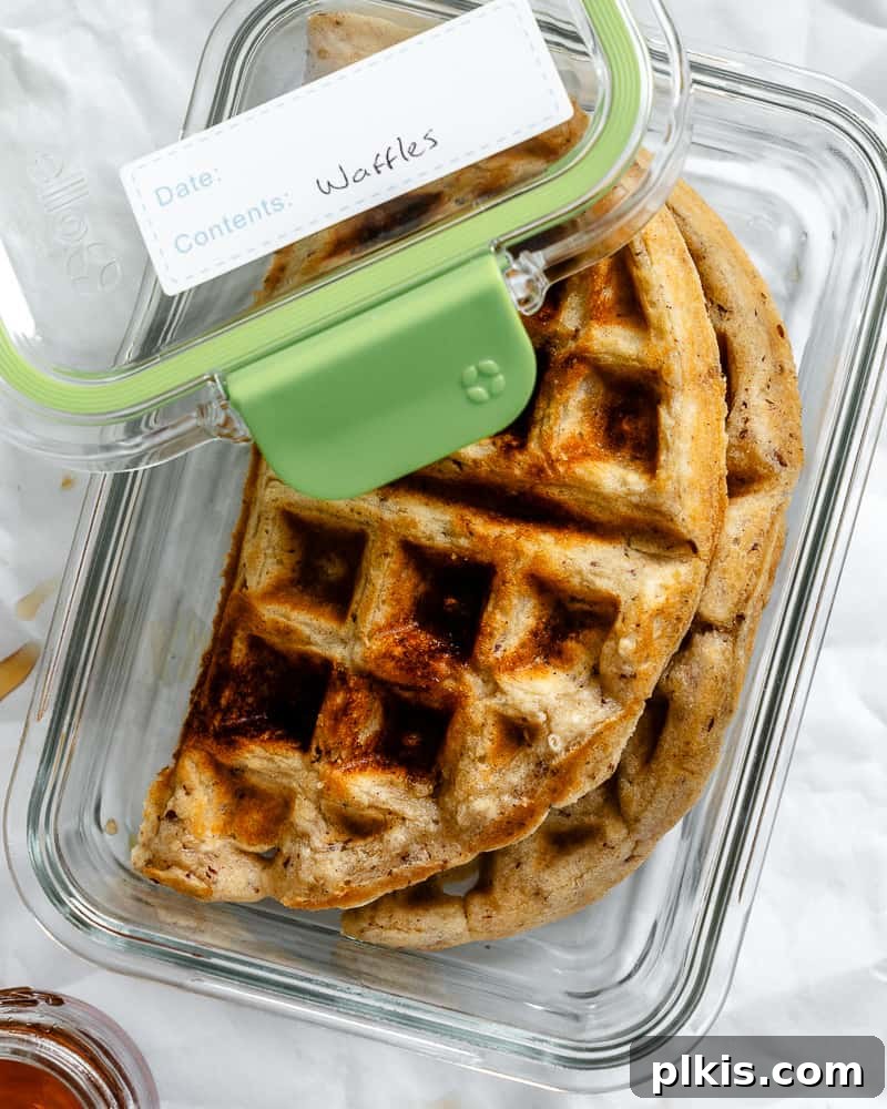 Plant-Based Waffles 10 Cooked vegan waffles neatly stacked in a glass food storage container, labeled "waffles," ready for convenient storage in the fridge or freezer.