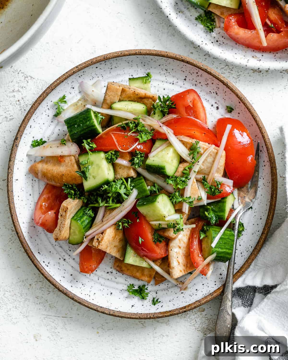 Tuscan Summer Bread Salad 2 completed Panzanella Salad plated against a white surface