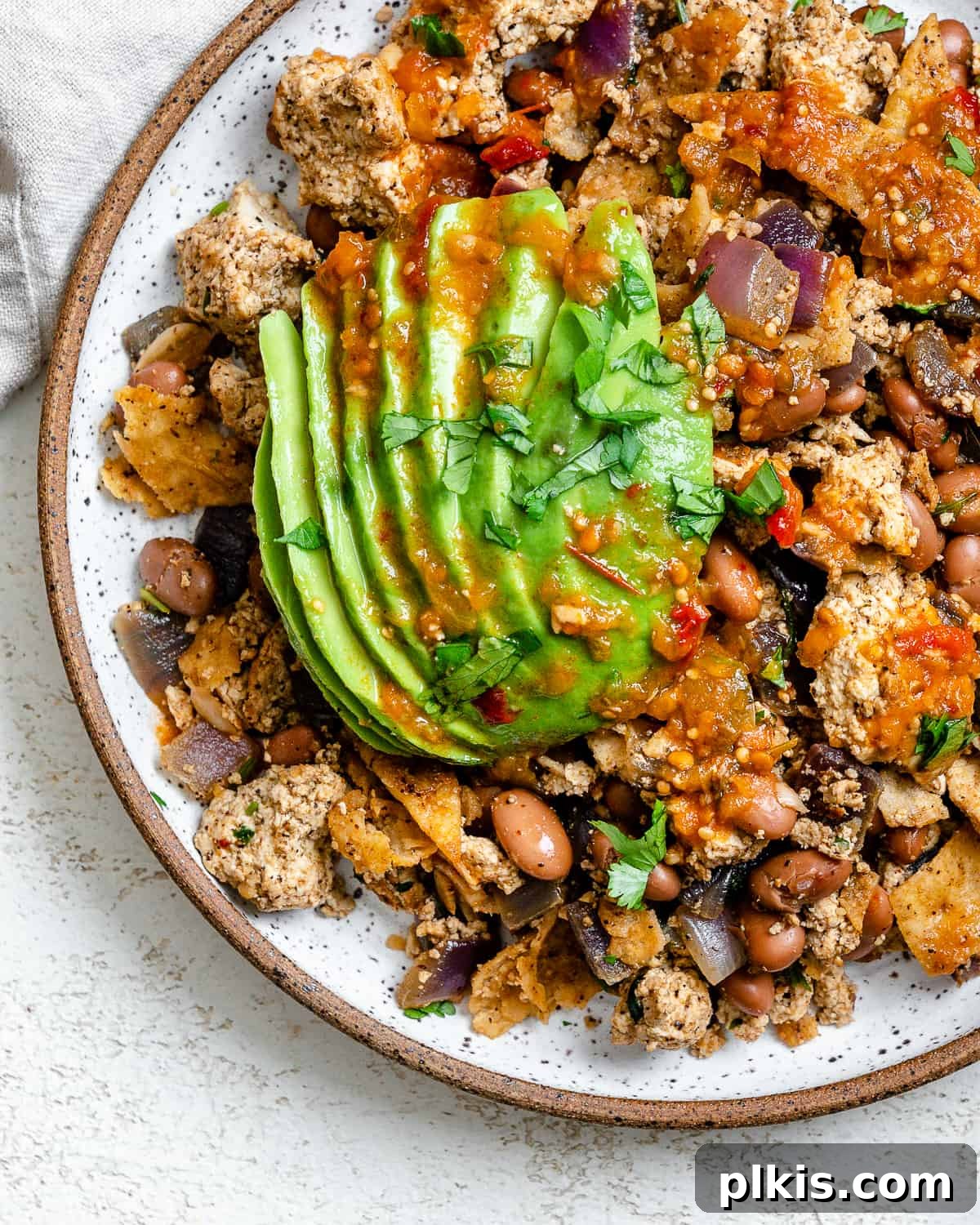 Vegan Chilaquiles Red or Green 13 A vibrant close-up of completed Vegan Chilaquiles (Rojos or Verdes), showcasing the rich colors and textures, plated for serving.