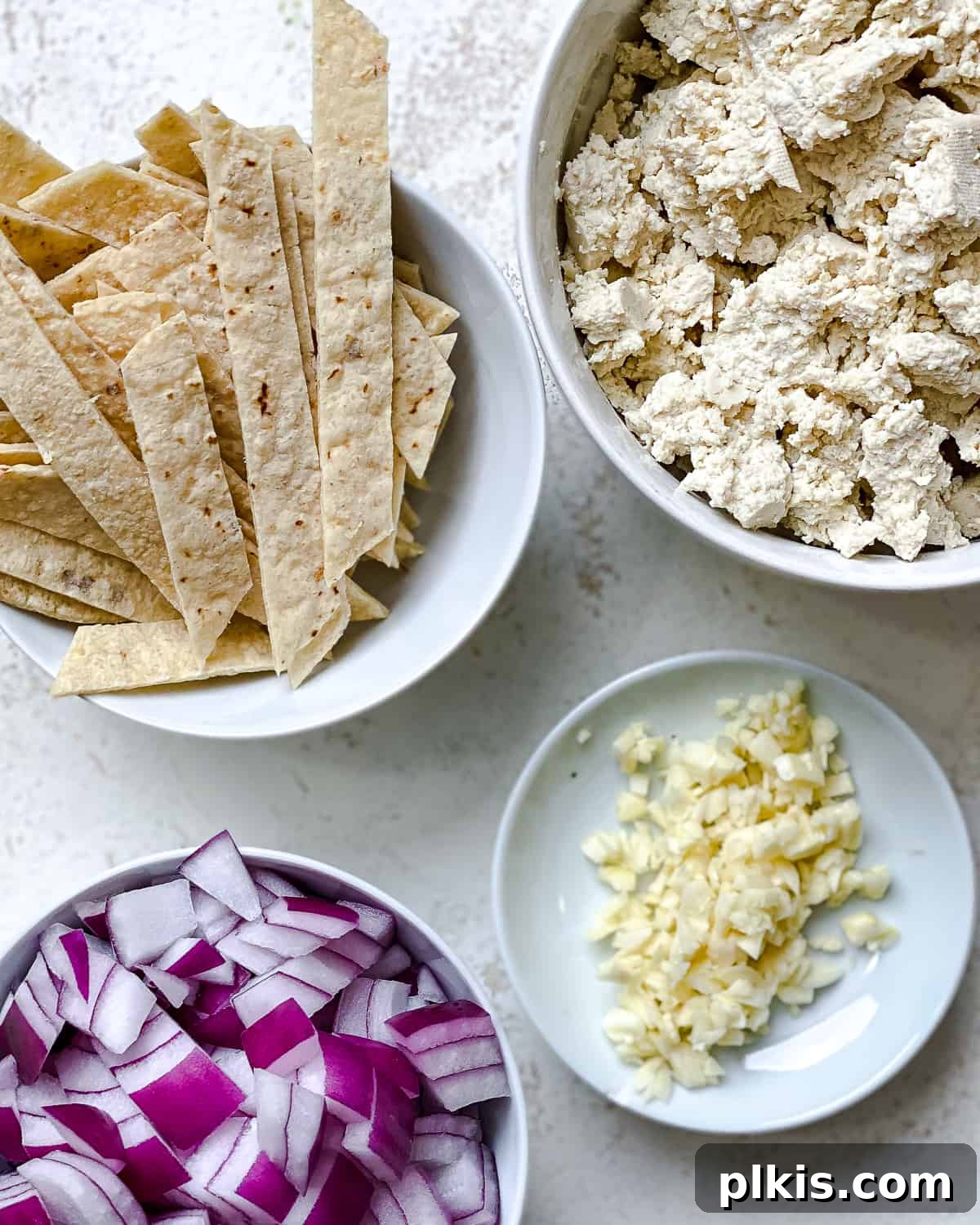 Vegan Chilaquiles Red or Green 4 Ingredients for Vegan Chilaquiles prepared and laid out, including pressed tofu, diced onions, minced garlic, and sliced tortilla strips.