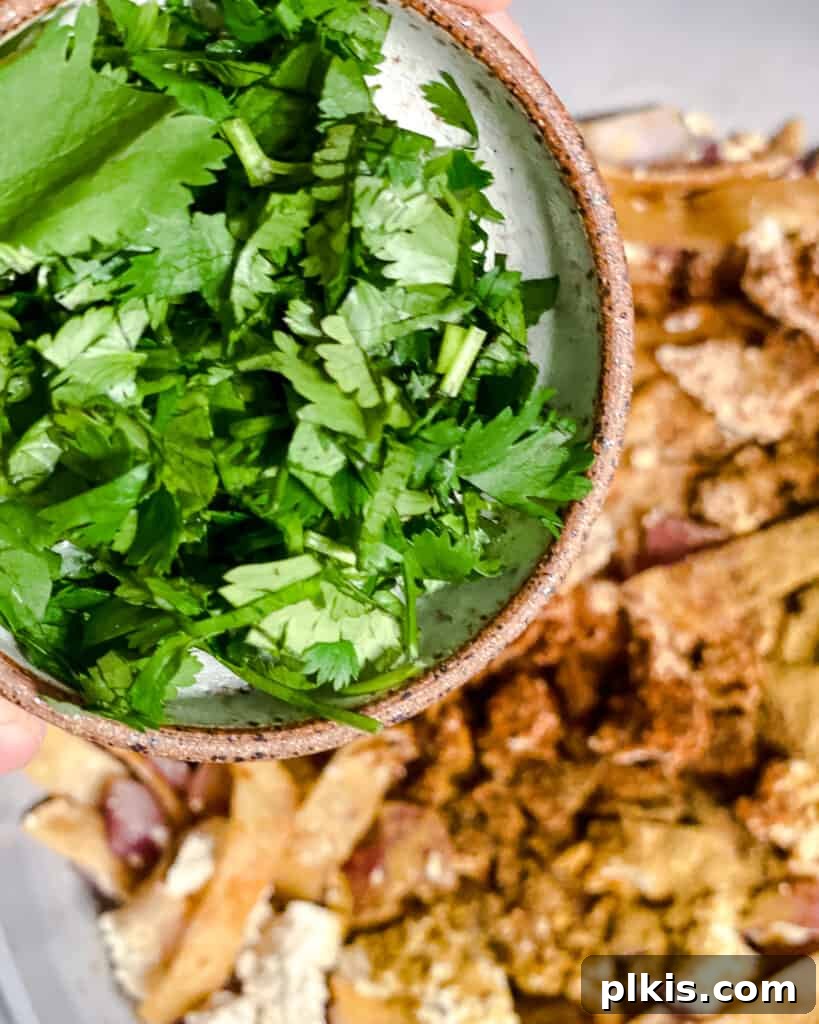 Vegan Chilaquiles Red or Green 10 Process shot illustrating the addition of fresh greens, likely cilantro, to the pan, adding freshness and color.