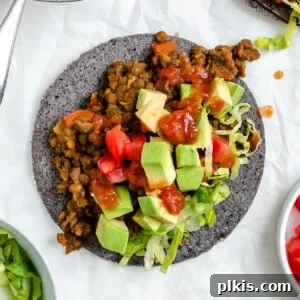 Plant-Powered Lentil Tacos 10 Completed Lentil Tacos on a tortilla against a white background