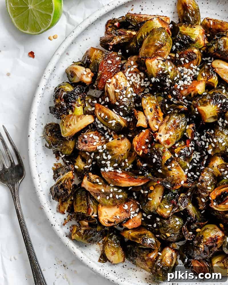 Completed Crispy Brussels Sprouts on a plate, ready to be served.