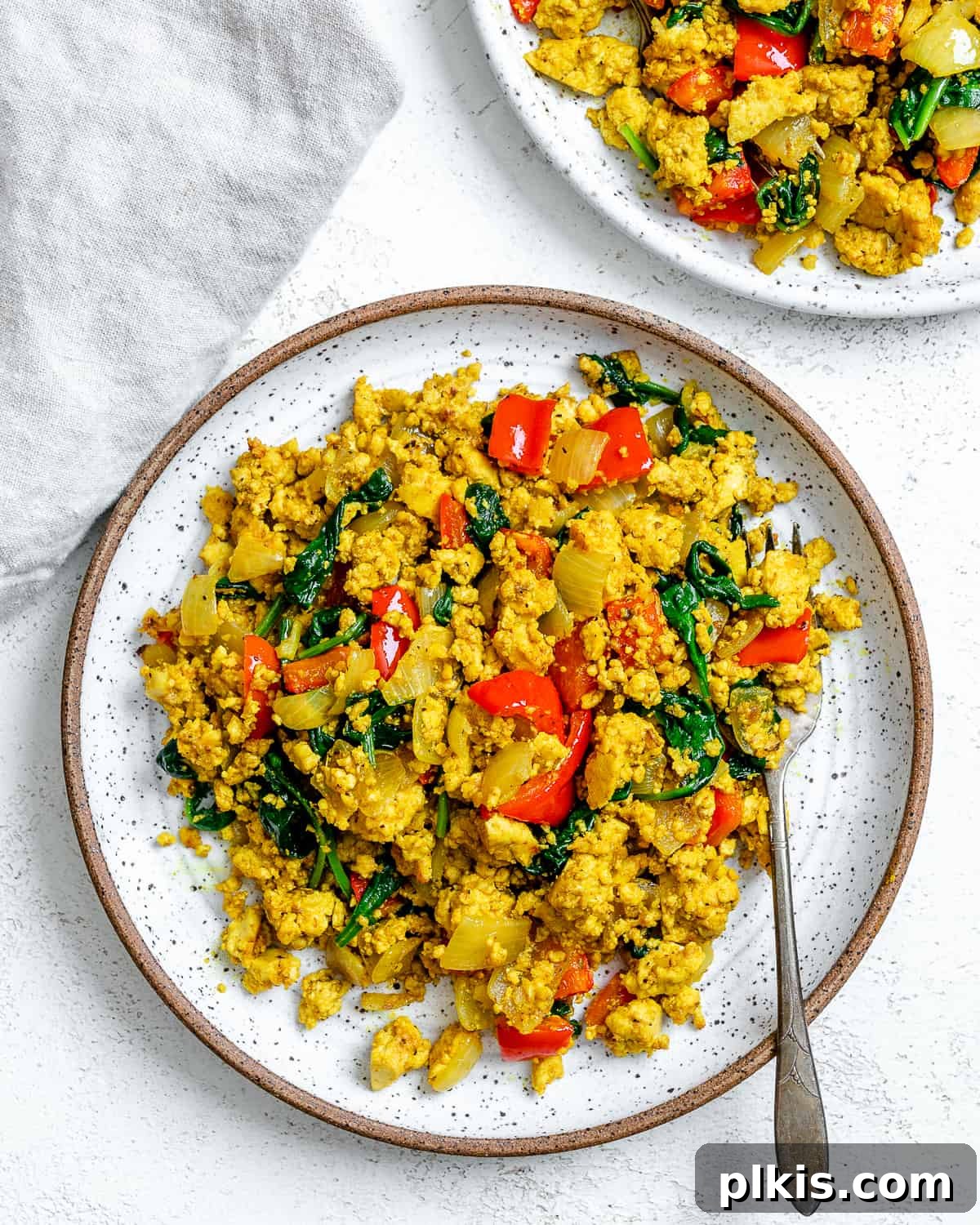 Fluffy and Flavorful Vegan Tofu Scramble with Garden Veggies 2 A plate of the best vegan tofu scramble with colorful veggies, garnished with fresh herbs, against a light background.