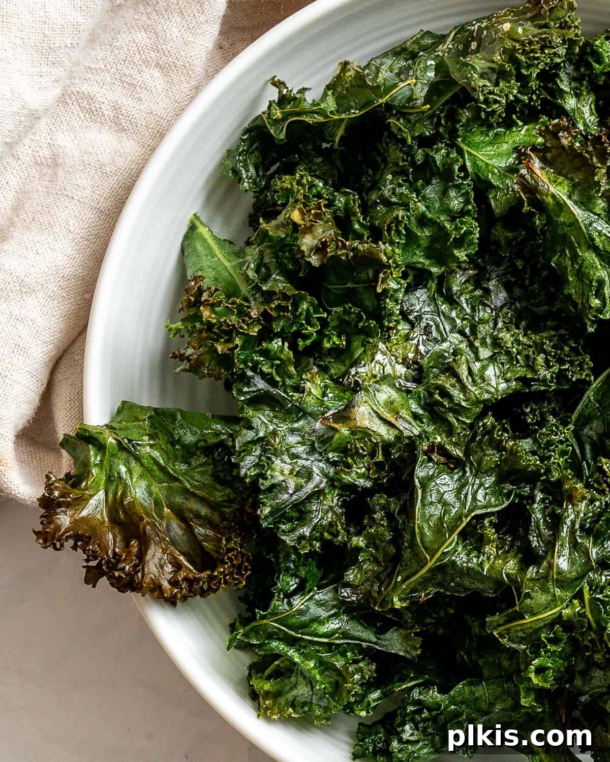 A bowl filled with perfectly completed Crispy Baked Kale Chips, ready to be enjoyed as a healthy snack.