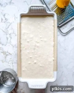 Bright & Tangy Vegan Lemon Loaf 6 The process of pouring the freshly mixed lemon loaf batter into a prepared loaf tin, ready for baking.