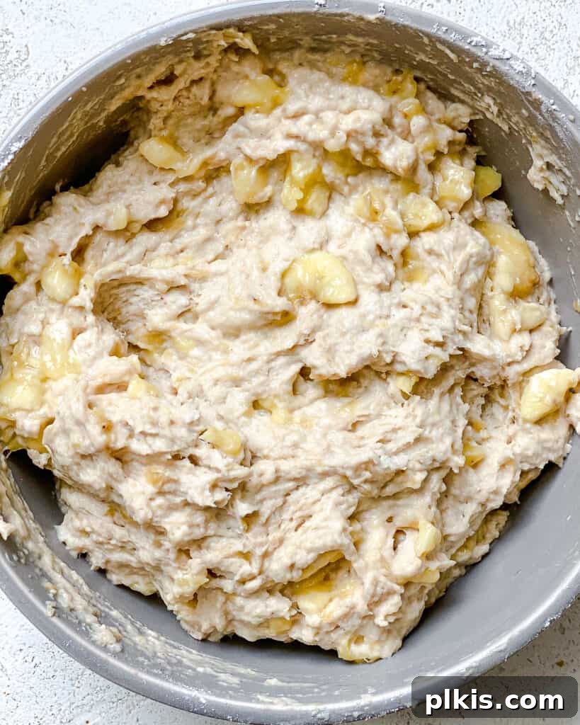 Effortless Vegan Banana Bread Applesauce Enhanced 6 Process shot of mixing ingredients together for banana bread in a bowl, showing the consistency of the batter before baking.