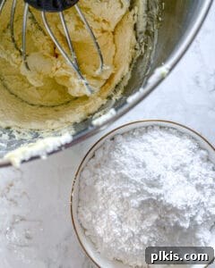 Luscious Vegan Lemon Buttercream 5 A bowl of powdered sugar next to a mixing bowl with a whisk submerged in a creamy batter, illustrating the process of slowly adding sugar to the vegan buttercream frosting.