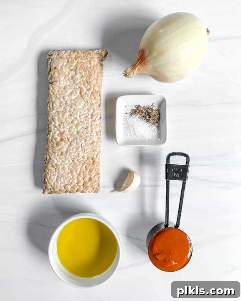 Sweet & Smoky Tempeh BBQ 3 BBQ Tempeh Ingredients on a white surface