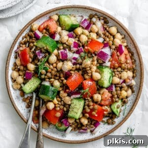completed Mediterranean Chickpea Salad [With Lentils] plated against a white background