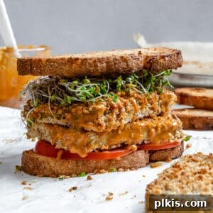 completed Easy Crispy Buffalo Tofu Sandwich against a white background with ingredients in the back