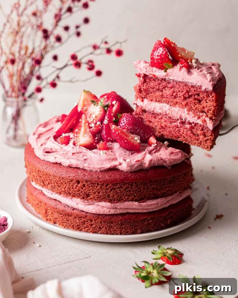 35 Irresistible Vegan Cake Creations 13 A vibrant pink vegan strawberry cake, with a slice elegantly elevated to show its beautiful layers, set against a pristine white surface.
