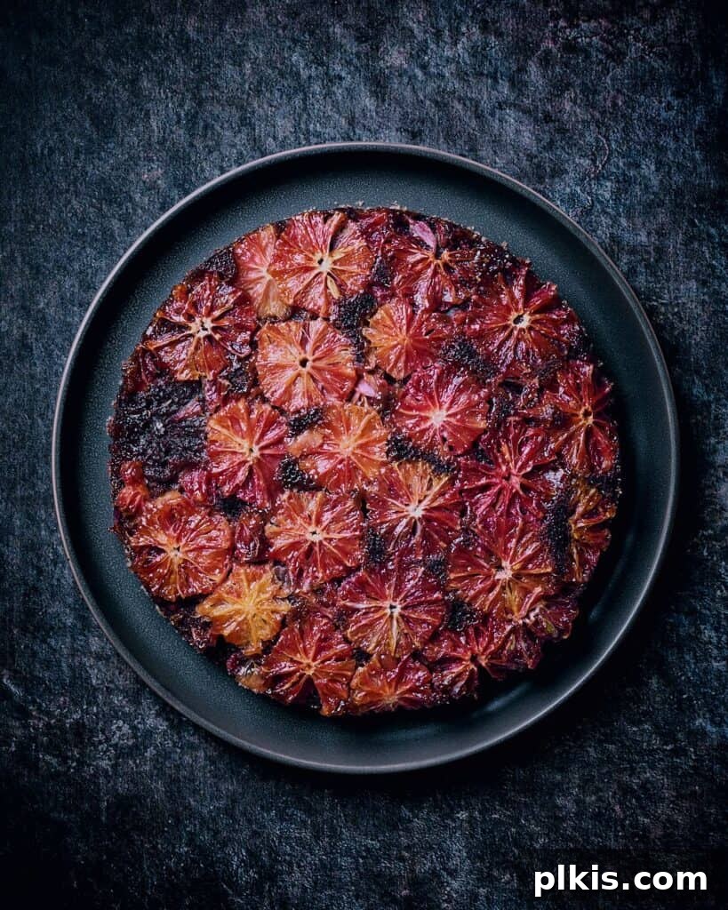 35 Irresistible Vegan Cake Creations 17 A decadent chocolate blood orange cake, beautifully presented against a dark, moody background, highlighting its rich colors and inviting texture.