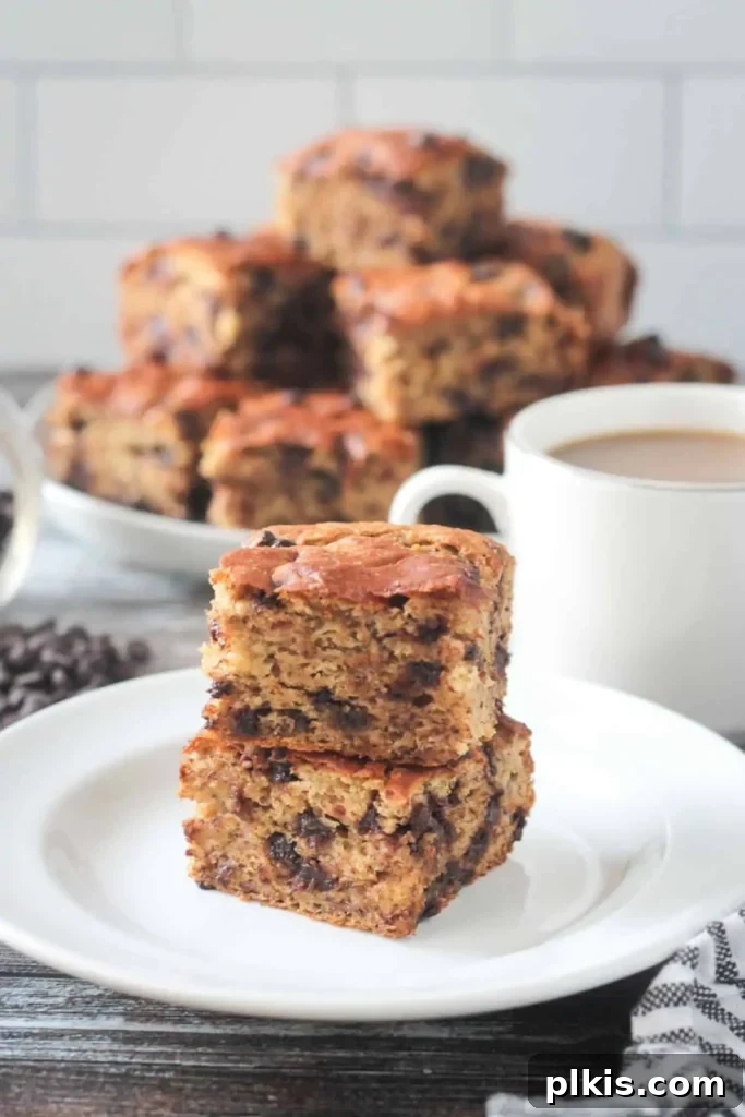 35 Irresistible Vegan Cake Creations 27 A delightful piece of vegan banana snack cake with chocolate chips, neatly plated in the foreground, with several more slices in the background.