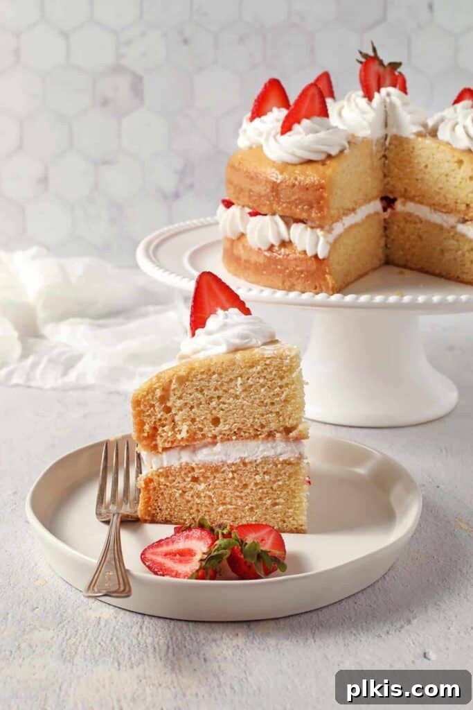 35 Irresistible Vegan Cake Creations 33 A delicious slice of vegan Tres Leches cake, beautifully plated in the foreground, with the full cake presented on a cake platter in the background.