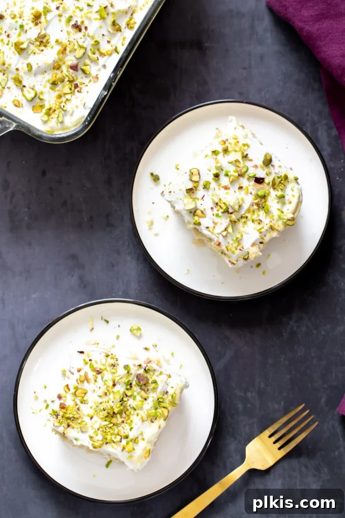35 Irresistible Vegan Cake Creations 43 Two exquisitely presented pieces of vegan Rasmalai Tres Leches cake on white plates, set against a sophisticated dark background, inviting indulgence.