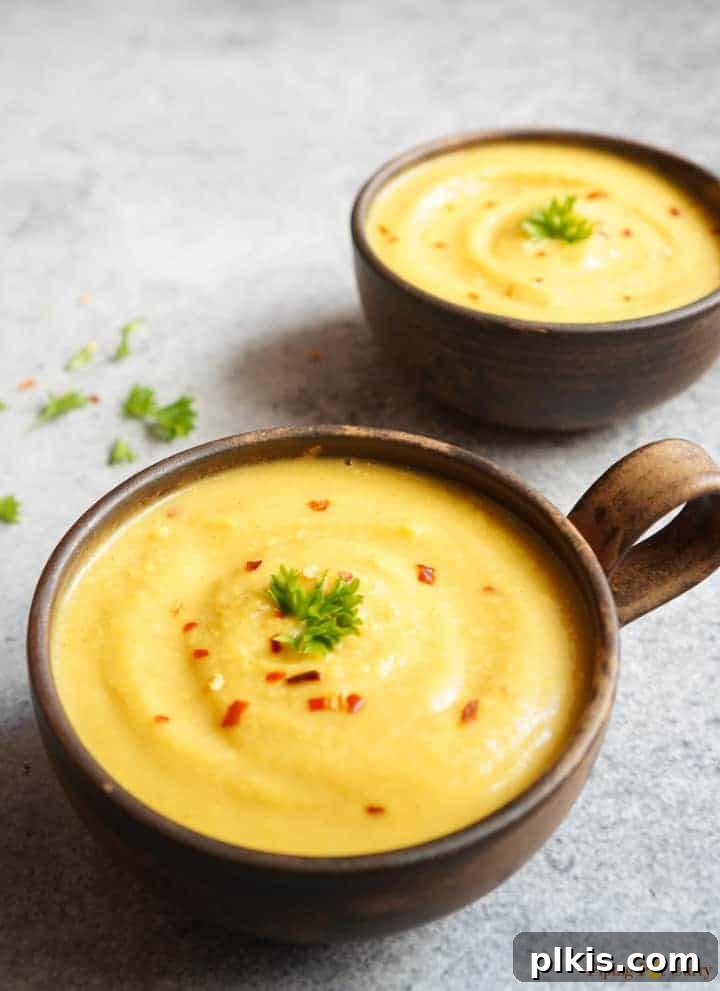 Over 30 Quick and Flavorful Vegan Instant Pot Recipes 9 completed Vegan Instant Pot Turmeric Cauliflower Soup in two brown bowls against a light background
