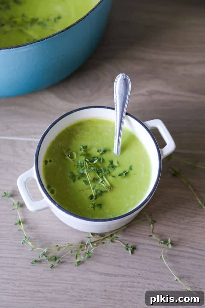 Over 30 Quick and Flavorful Vegan Instant Pot Recipes 10 completed pea soup in a white bowl with a utensil in the soup against a light gray background
