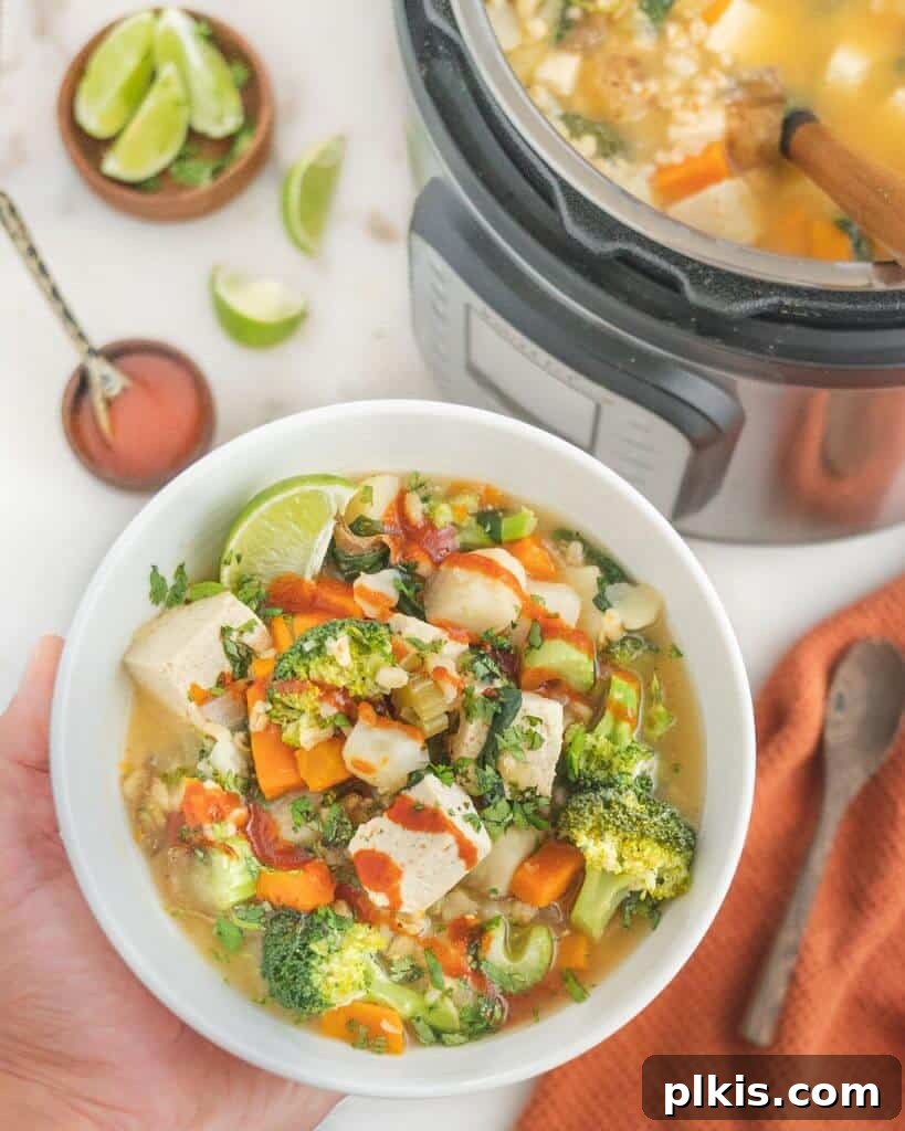 Over 30 Quick and Flavorful Vegan Instant Pot Recipes 3 completed Barley Vegetable Soup in a white bowl with ingredients and pressure cooker in background