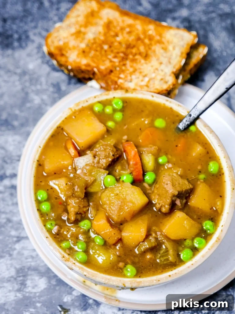 Over 30 Quick and Flavorful Vegan Instant Pot Recipes 19 completed instant pot beef stew in a white bowl with bread in the background