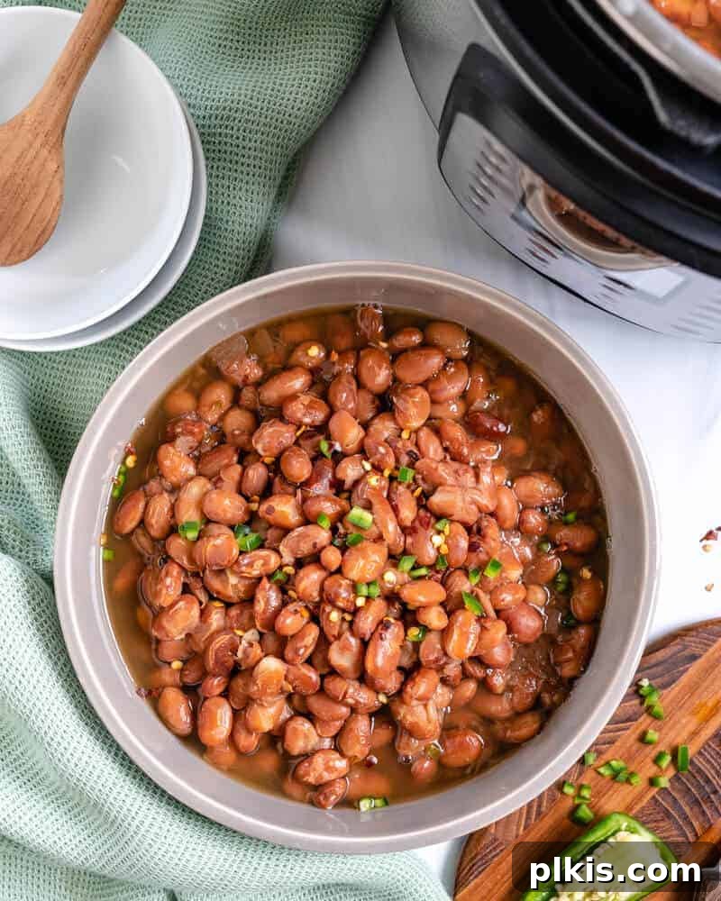 Over 30 Quick and Flavorful Vegan Instant Pot Recipes 30 instant pot pinto beans in a bowl with ingredients, bowls, and an instant pot in the background